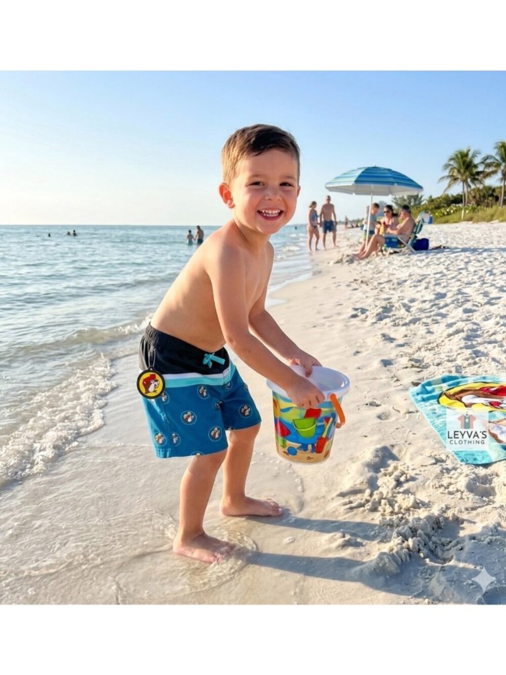Buc-ees Boys Swim Trunks Black & Blue 4T With Beaver Print Elastic Waist